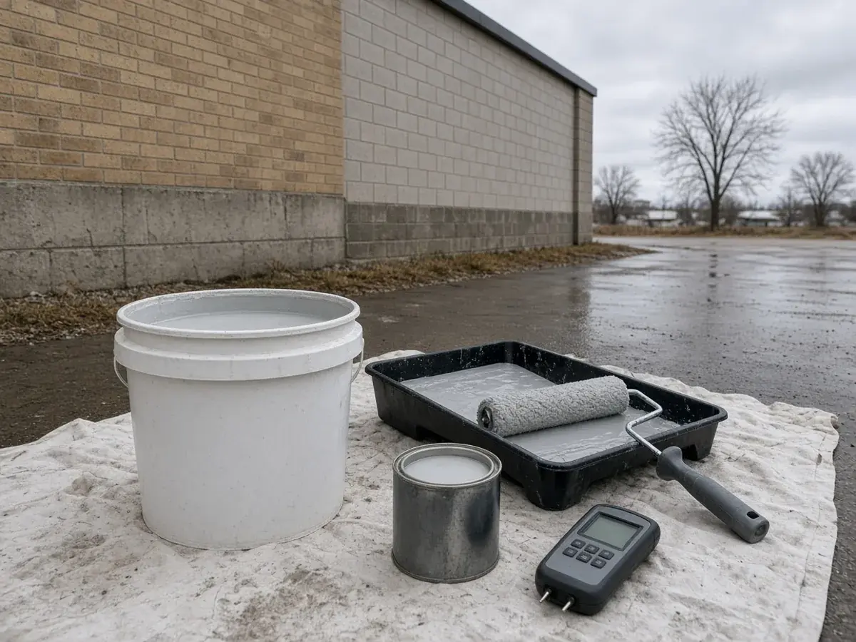 Commercial paint systems and coating materials staged on a Winnipeg job site