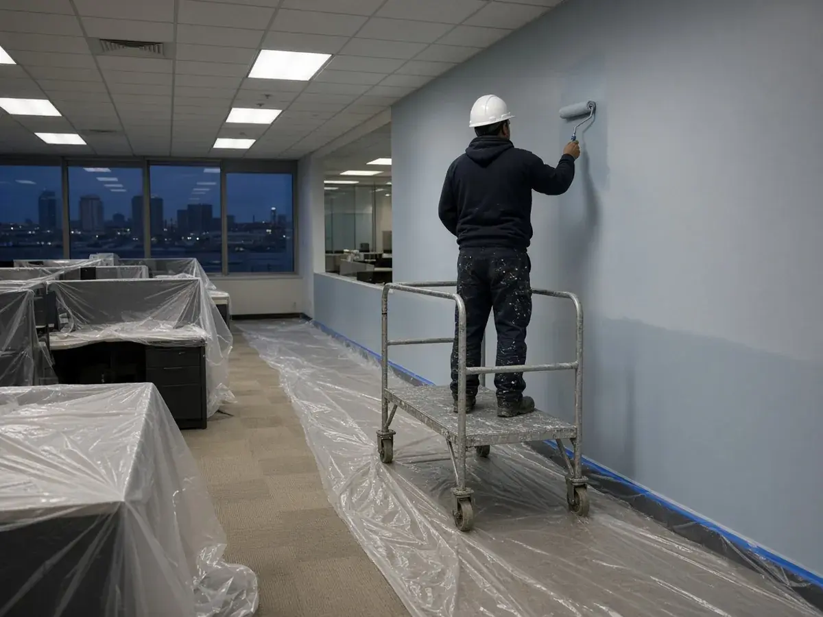 Commercial painter working after hours in an occupied Winnipeg office